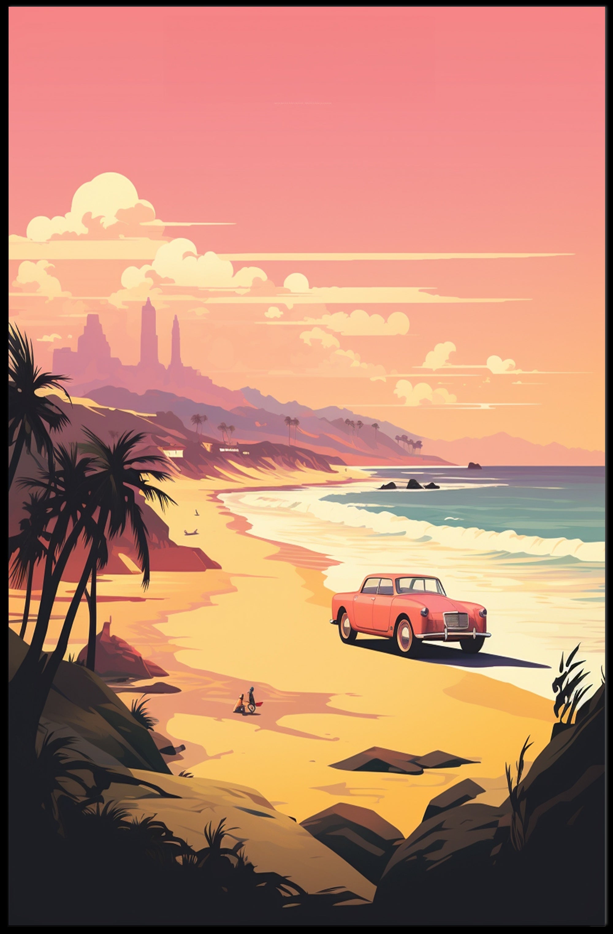 Retro Scenic Beach with Convertible Travel Poster PosterGoat