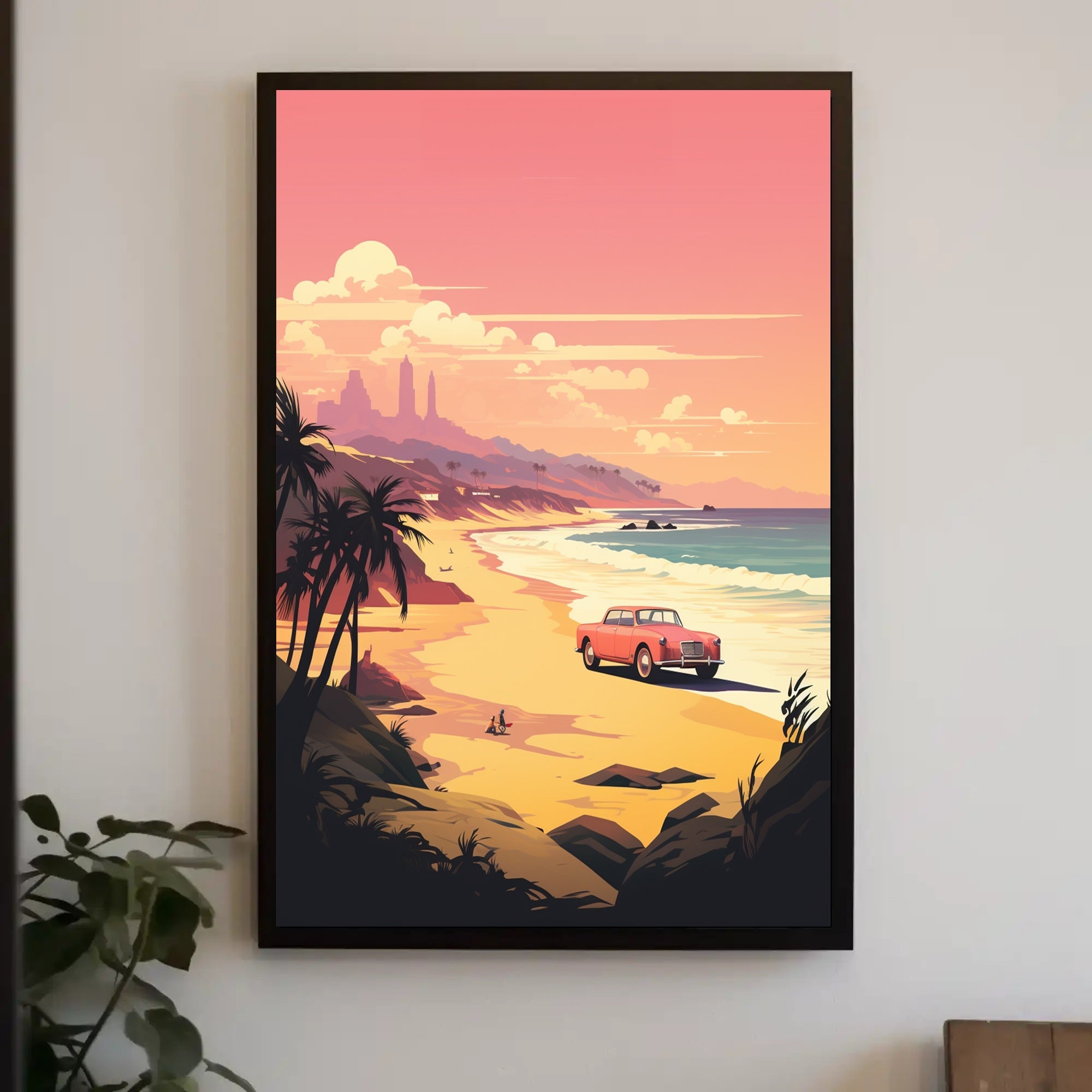 Retro Scenic Beach with Convertible Travel Poster PosterGoat