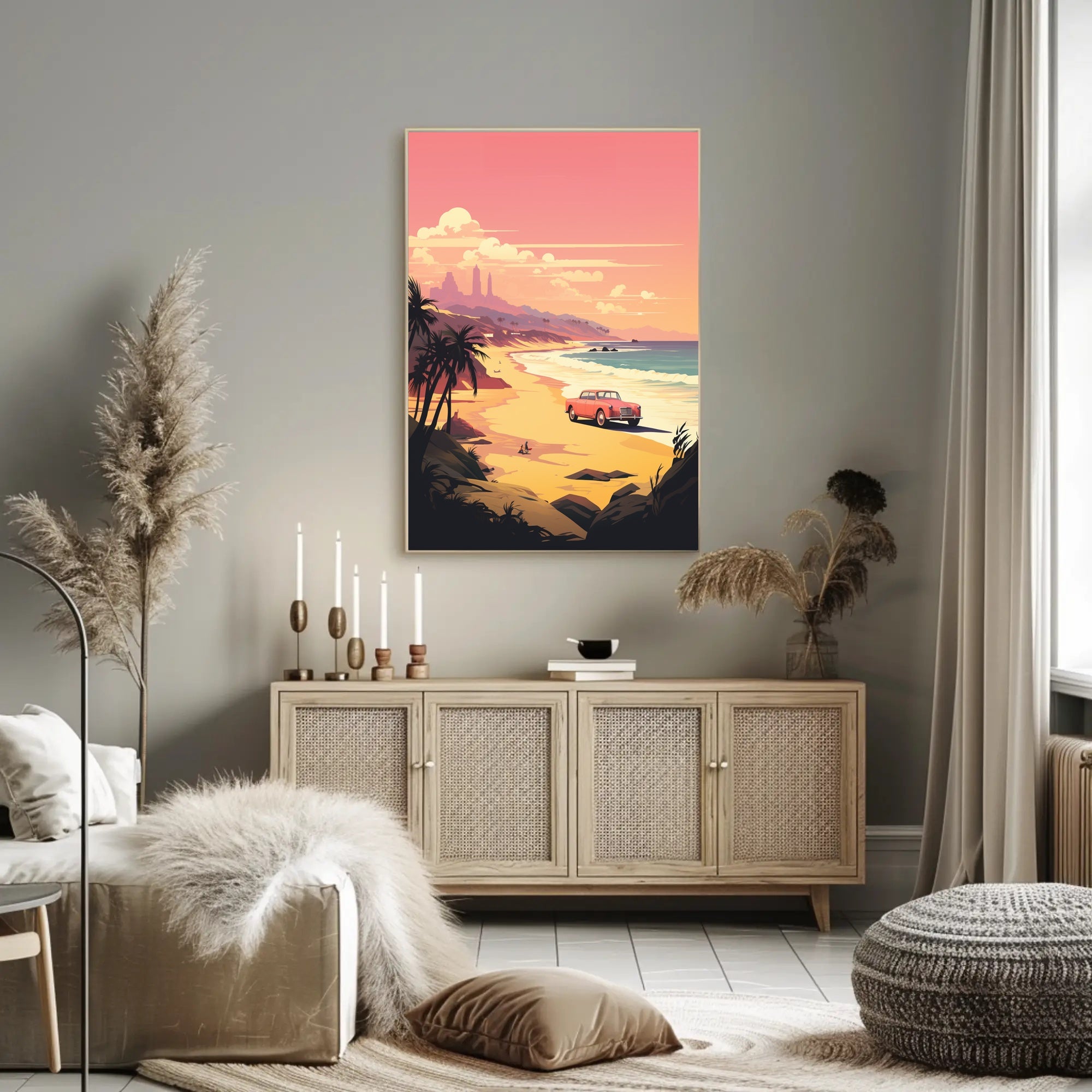 Retro Scenic Beach with Convertible Travel Poster PosterGoat