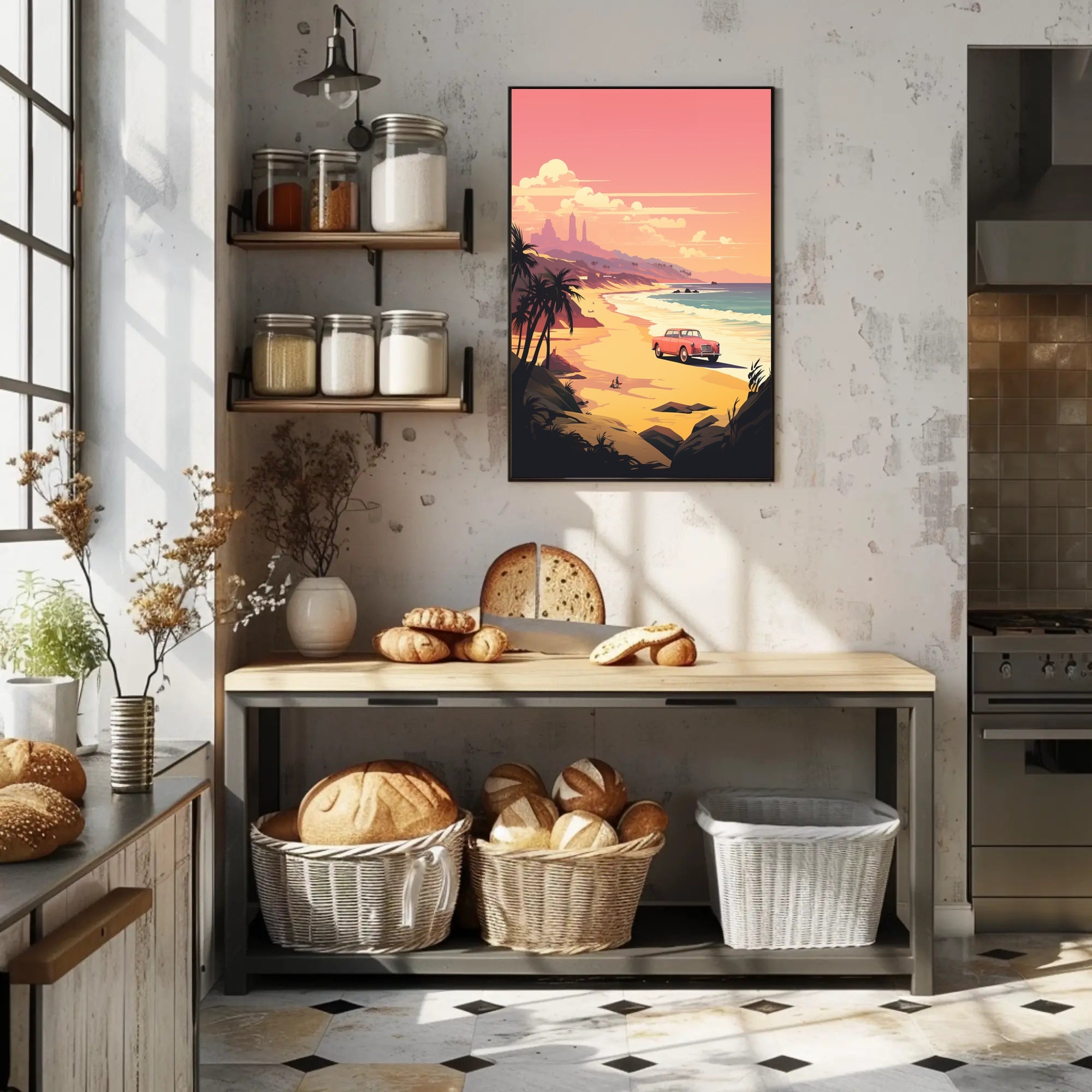 Retro Scenic Beach with Convertible Travel Poster PosterGoat