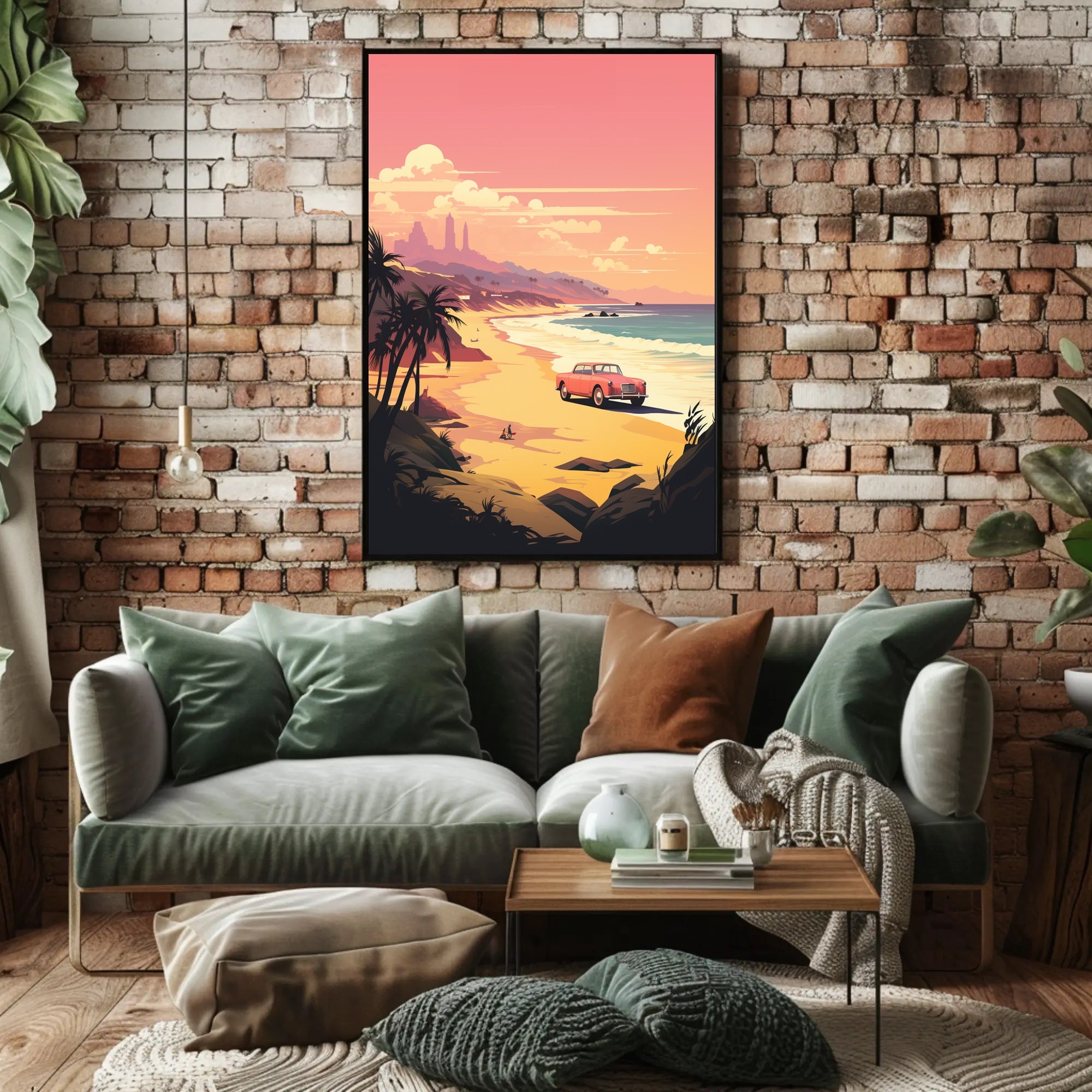 Retro Scenic Beach with Convertible Travel Poster PosterGoat
