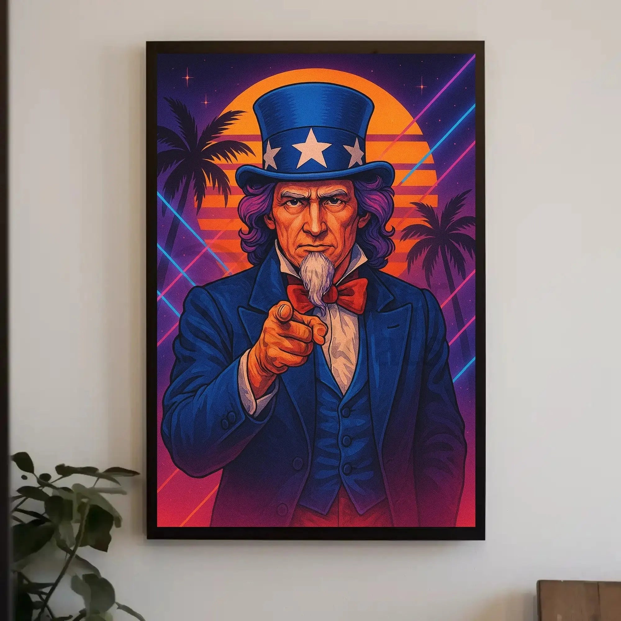 Retro Uncle Sam Poster with Neon Beach Vibes - Abstract, Artistic, or Pop Culture Poster PosterGoat