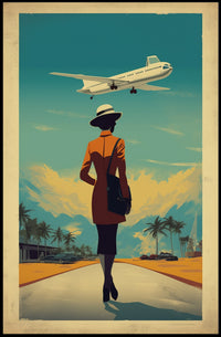 Retro Woman with Airplane Travel Poster PosterGoat