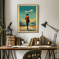 Retro Woman with Airplane Travel Poster PosterGoat