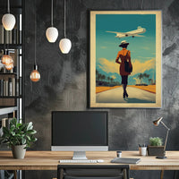 Retro Woman with Airplane Travel Poster PosterGoat