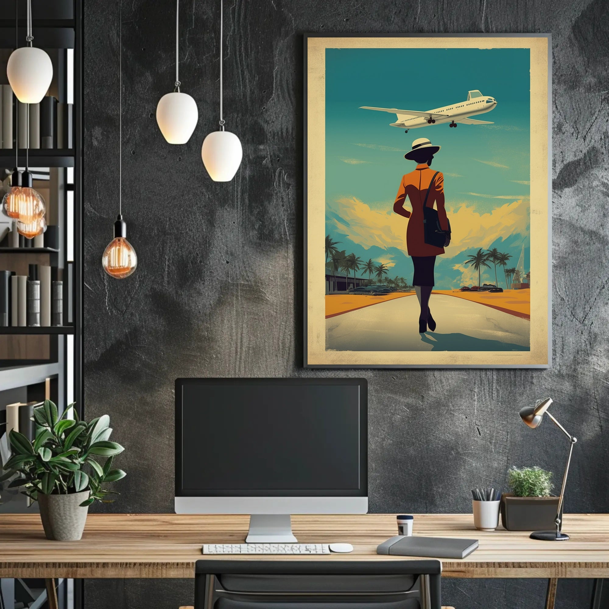 Retro Woman with Airplane Travel Poster PosterGoat