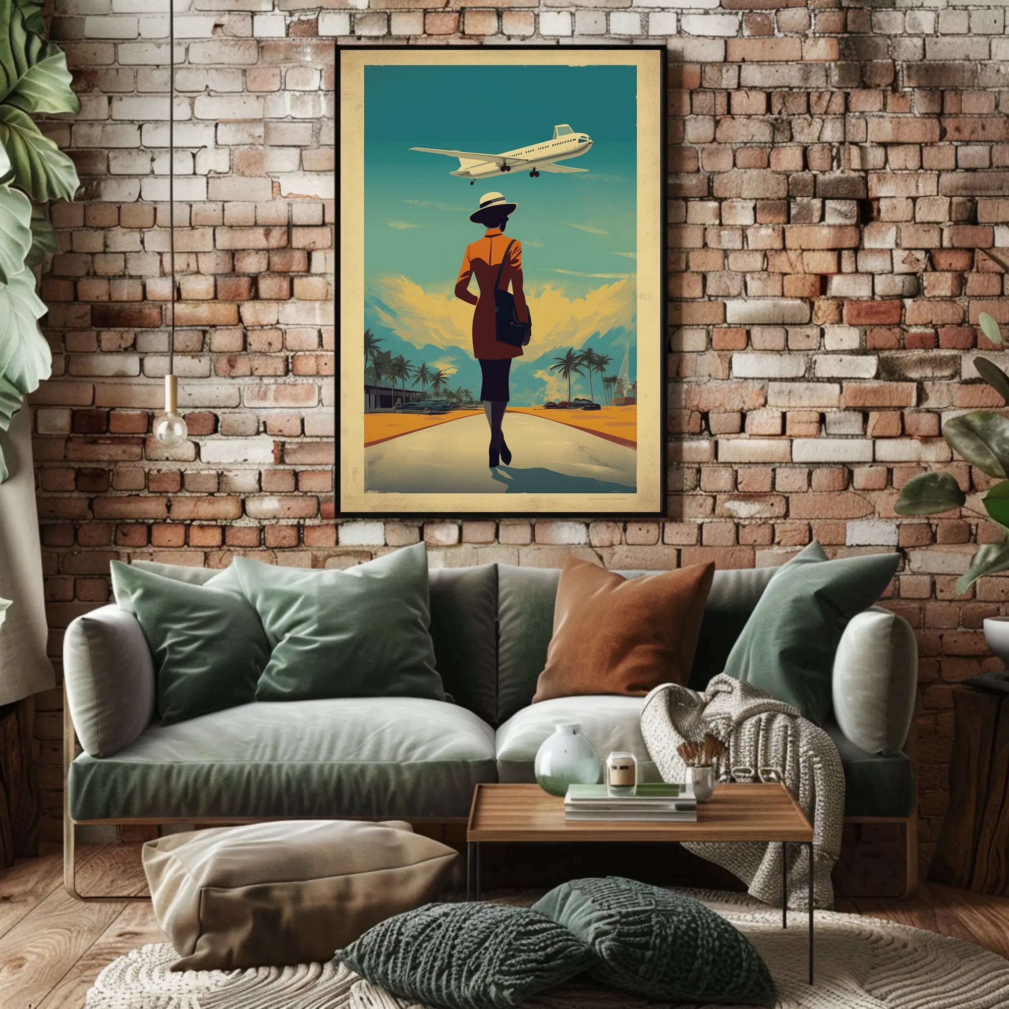 Retro Woman with Airplane Travel Poster PosterGoat