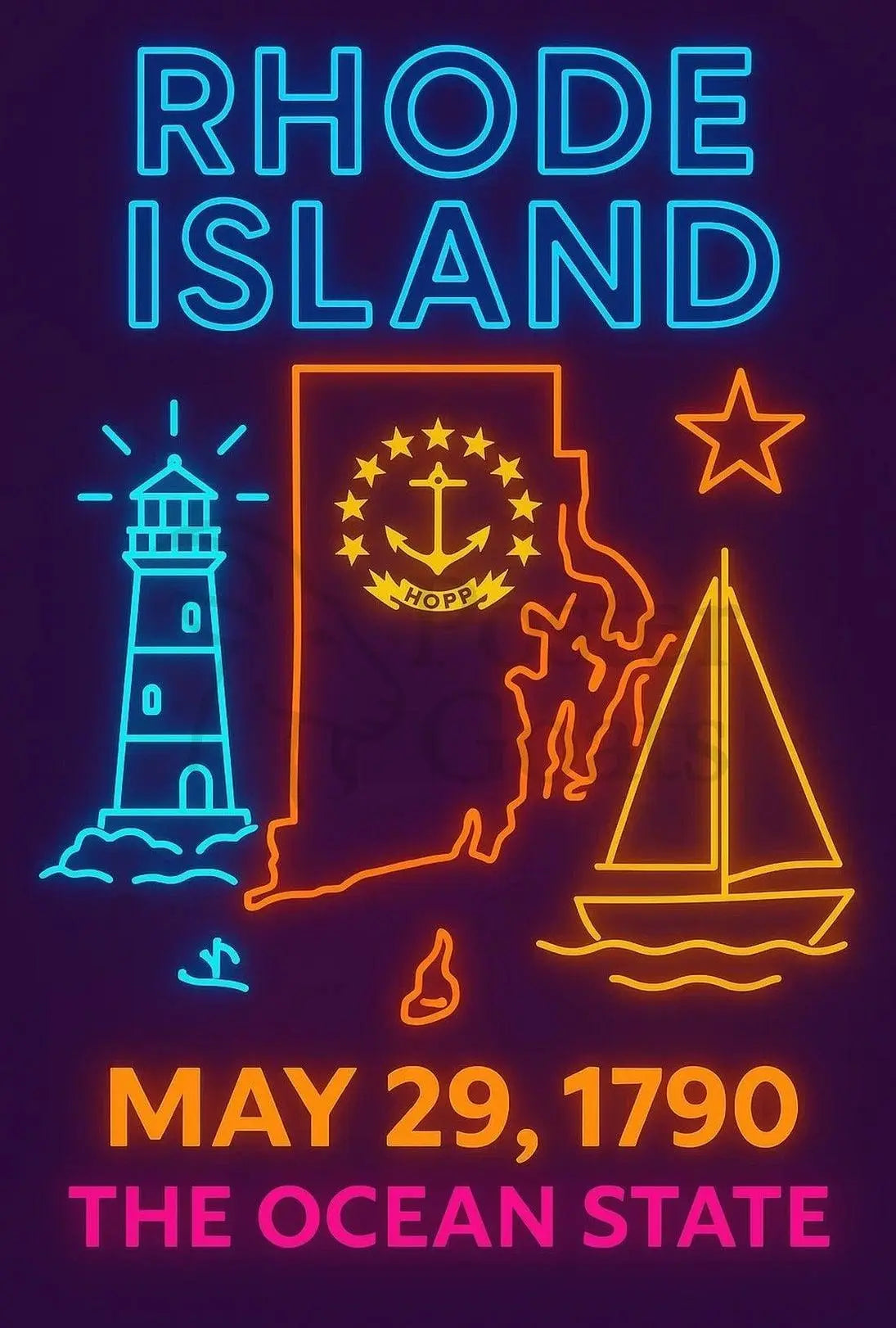 Rhode Island Heritage Neon Maritime Art Poster PosterGoat