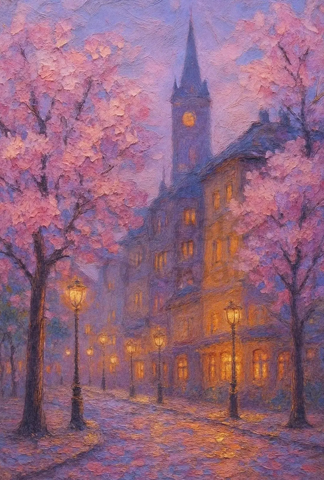 Romantic Cherry Blossom Street Impressionistic Artistic Poster PosterGoat