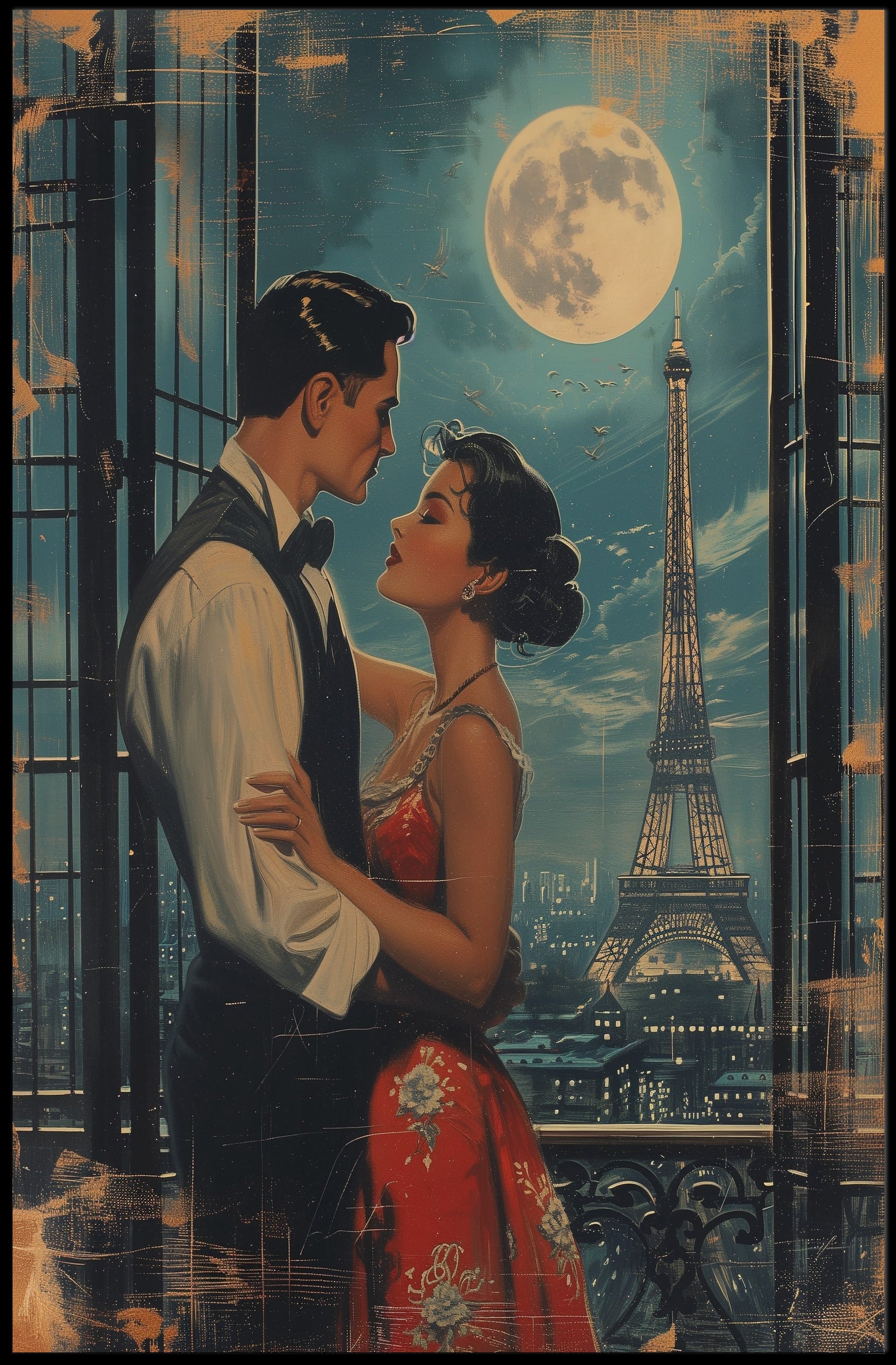 Romantic Parisian Embrace Under Moonlight Poster - Urban or Cityscape Poster PosterGoat