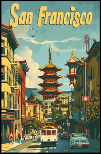 San Francisco Chinatown Retro Cityscape Travel Poster PosterGoat