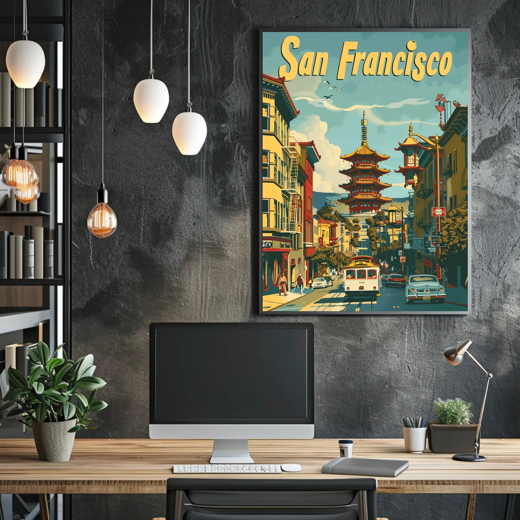San Francisco Chinatown Retro Cityscape Travel Poster PosterGoat