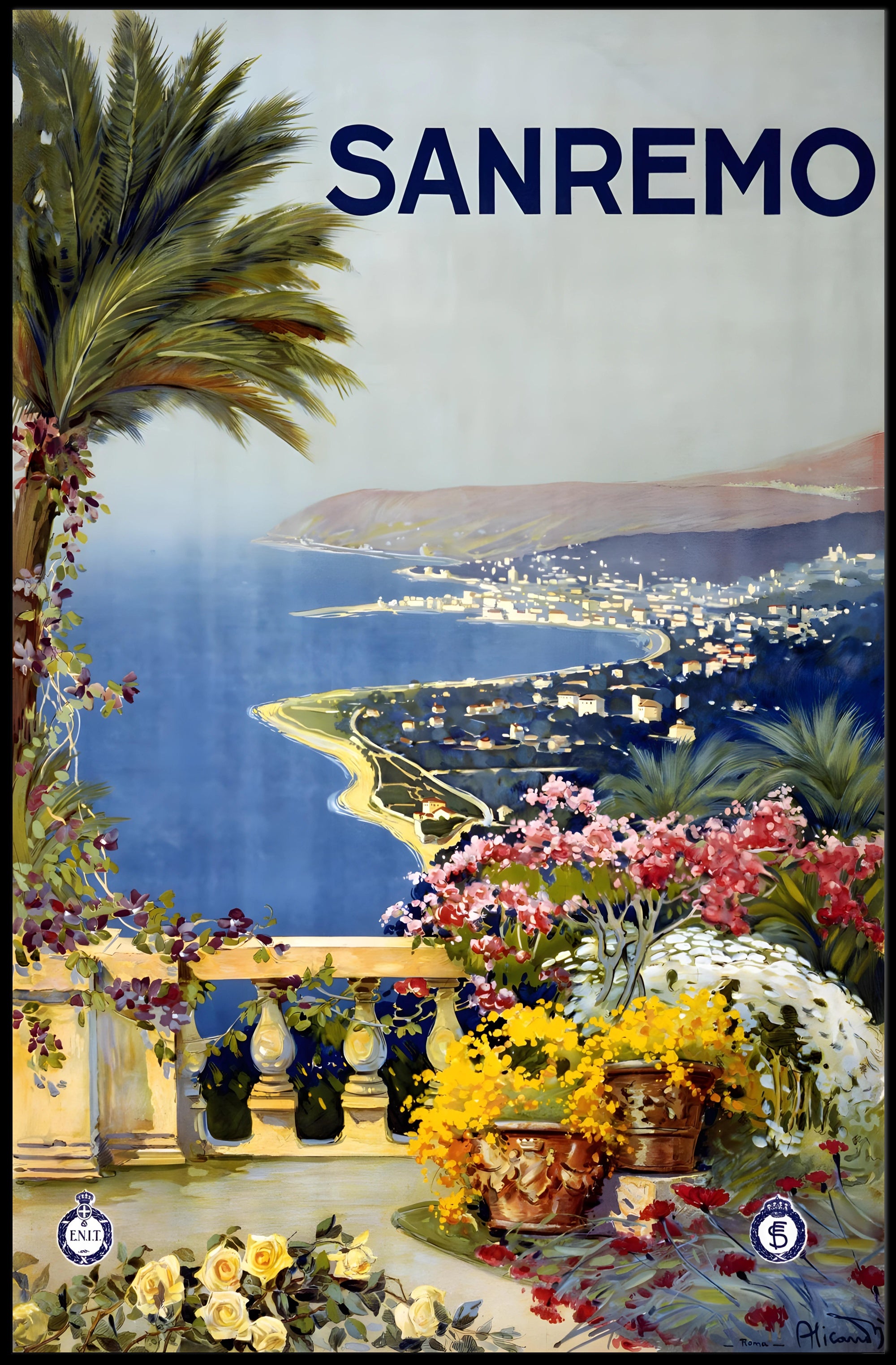 Sanremo Vintage Travel Poster: Elegant Coastal Terrace Scene PosterGoat