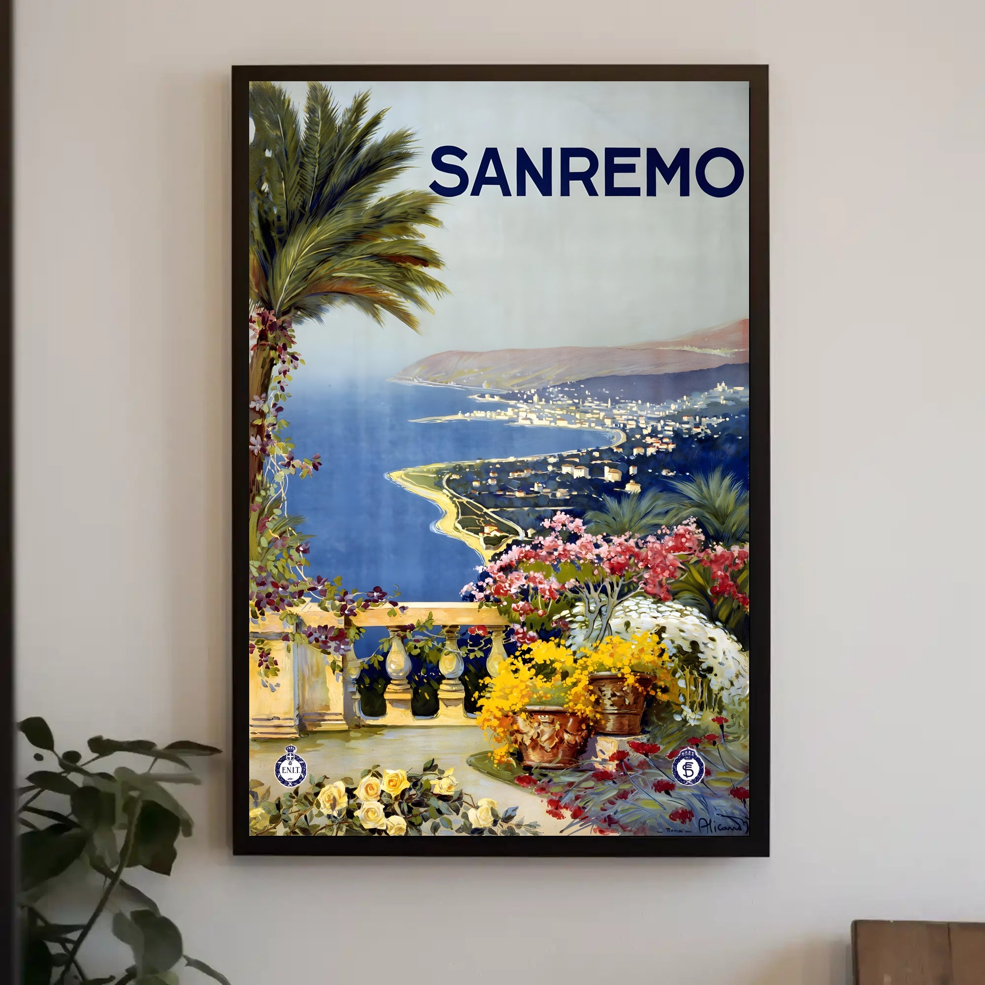 Sanremo Vintage Travel Poster: Elegant Coastal Terrace Scene PosterGoat