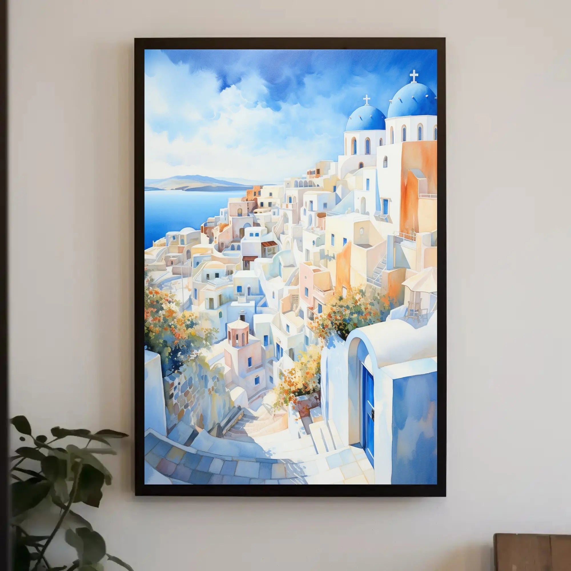 Santorini Coastal Town Watercolor: Tranquil Travel Poster PosterGoat