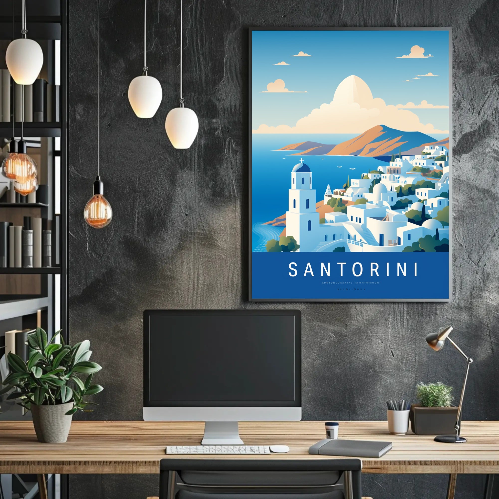 Santorini Serenity: Modern Minimalist Travel Poster PosterGoat