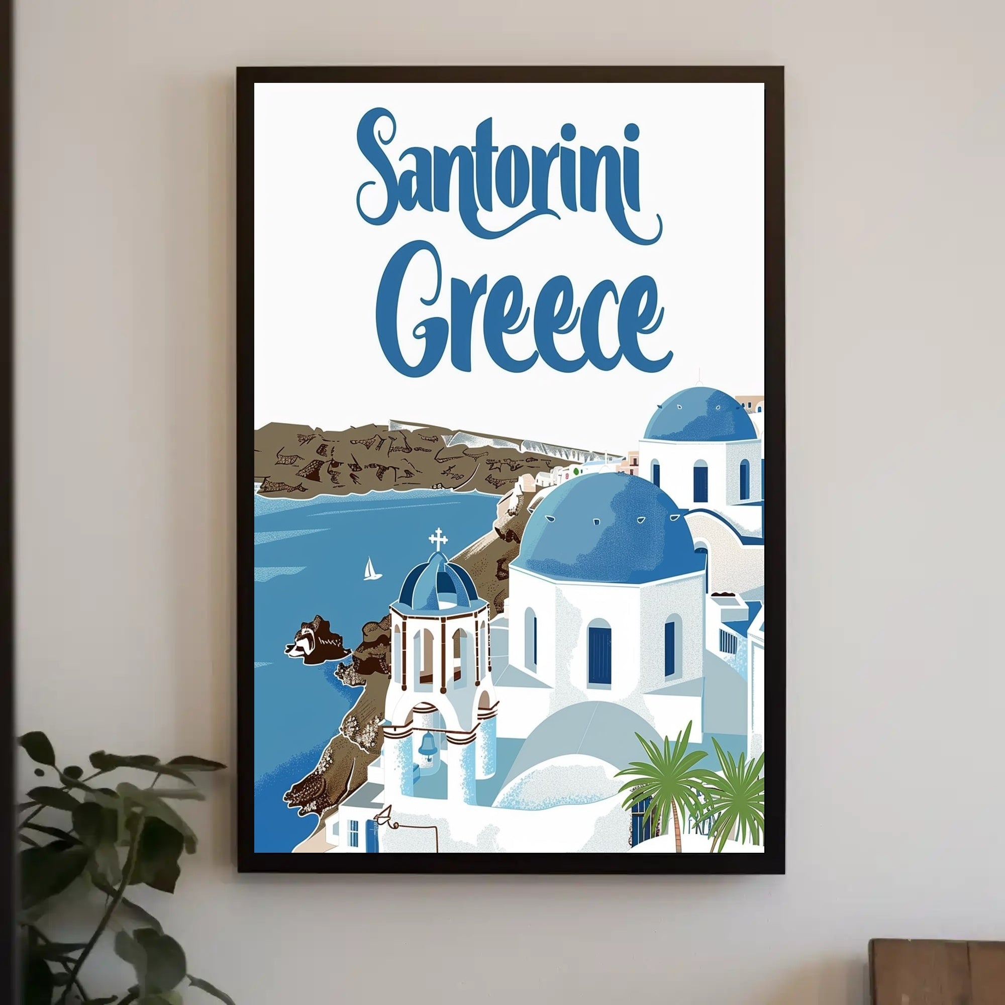 Santorini Travel Art: Blue Domes and Sea Poster - Travel Poster PosterGoat