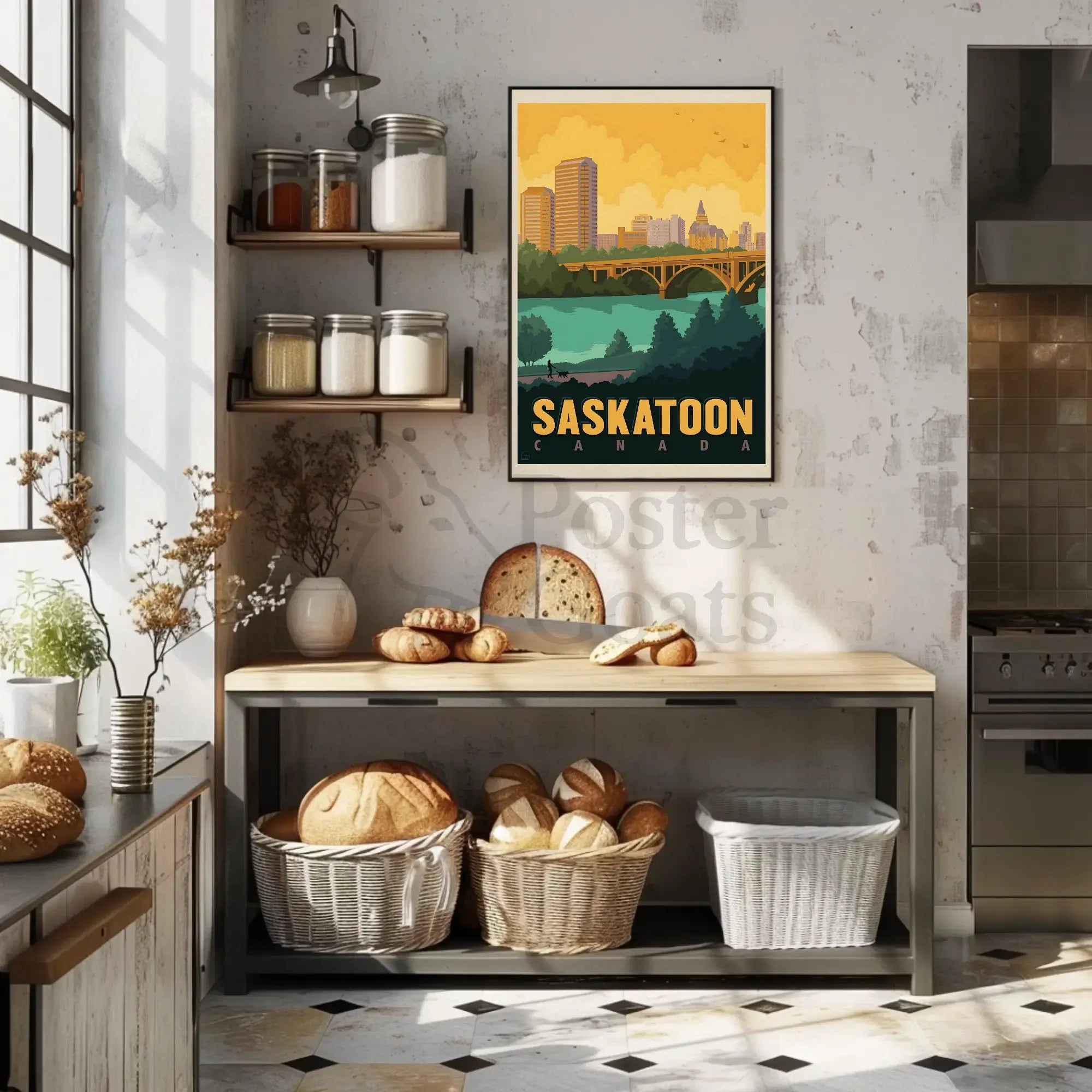 Saskatoon Skyline Nostalgic Travel Art Poster PosterGoat