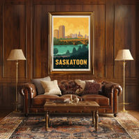 Saskatoon Skyline Nostalgic Travel Art Poster PosterGoat