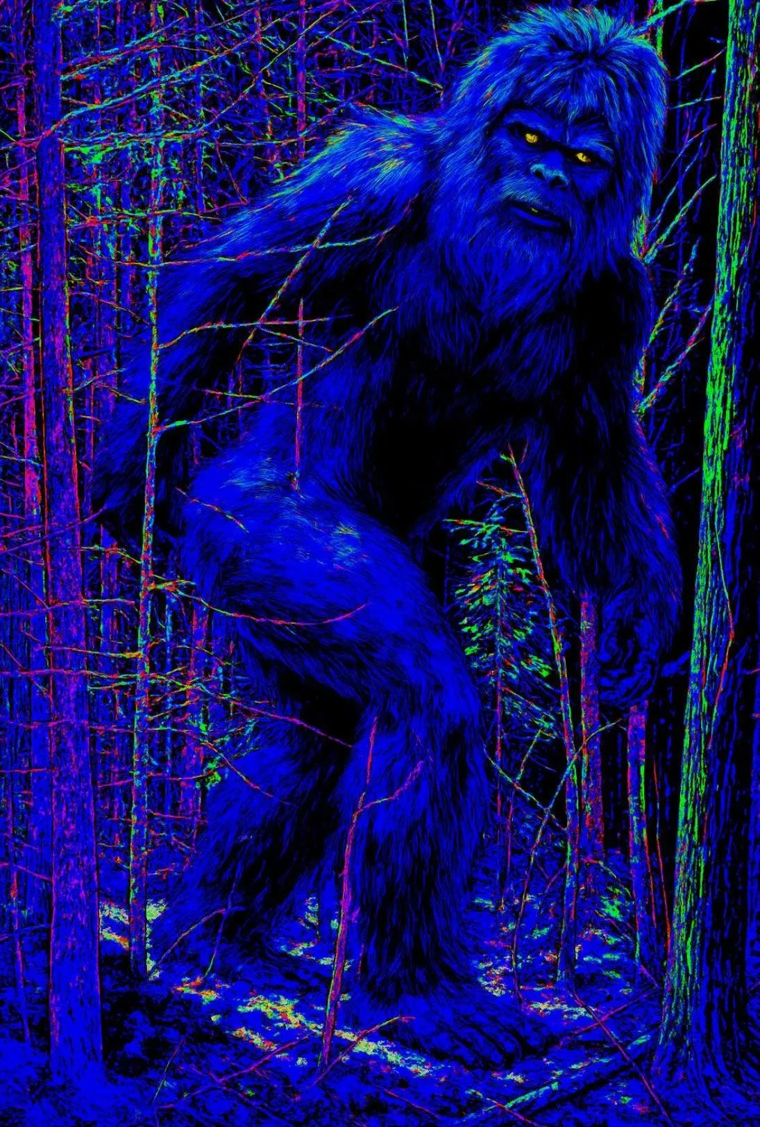 Sasquatch Sightings in Neon Forest Artistic Poster PosterGoat