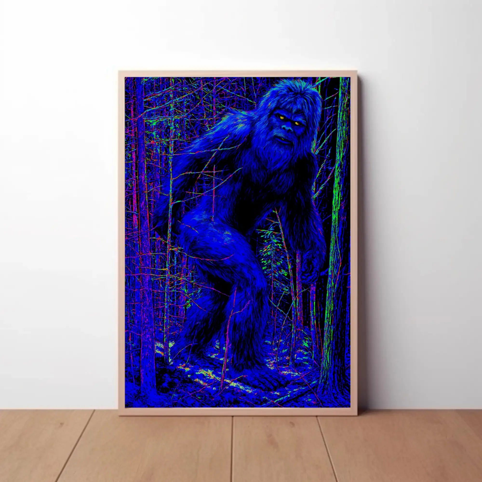 Sasquatch Sightings in Neon Forest Artistic Poster PosterGoat
