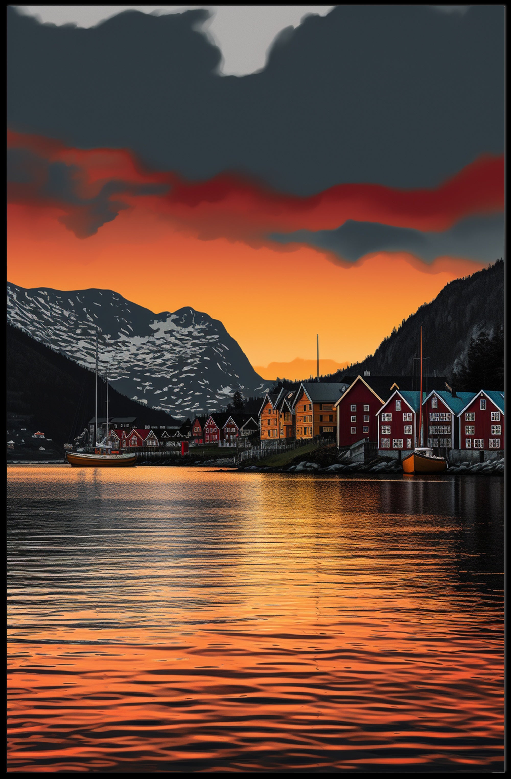 Scandinavian Village Serenity at Sunset Travel Poster PosterGoat