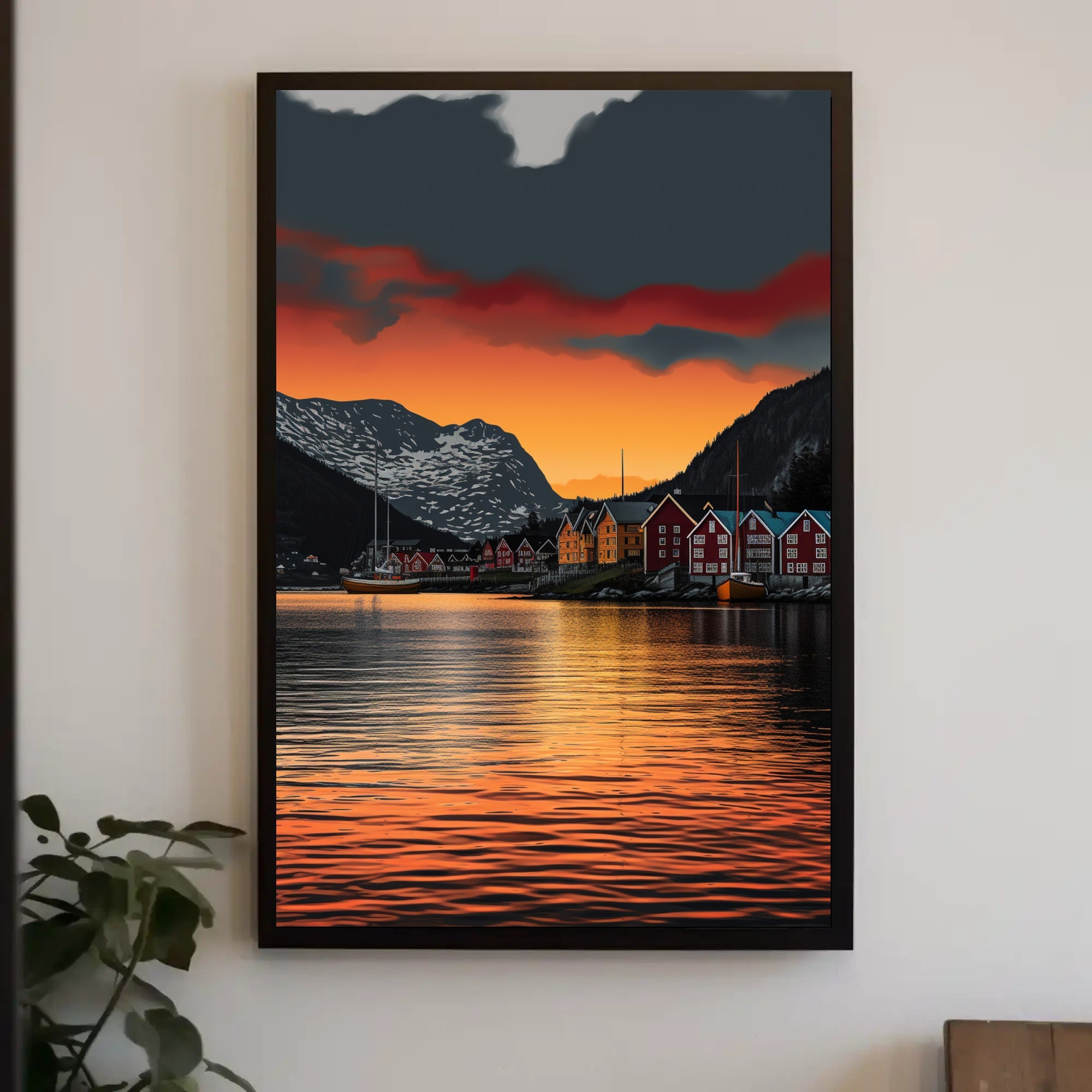Scandinavian Village Serenity at Sunset Travel Poster PosterGoat