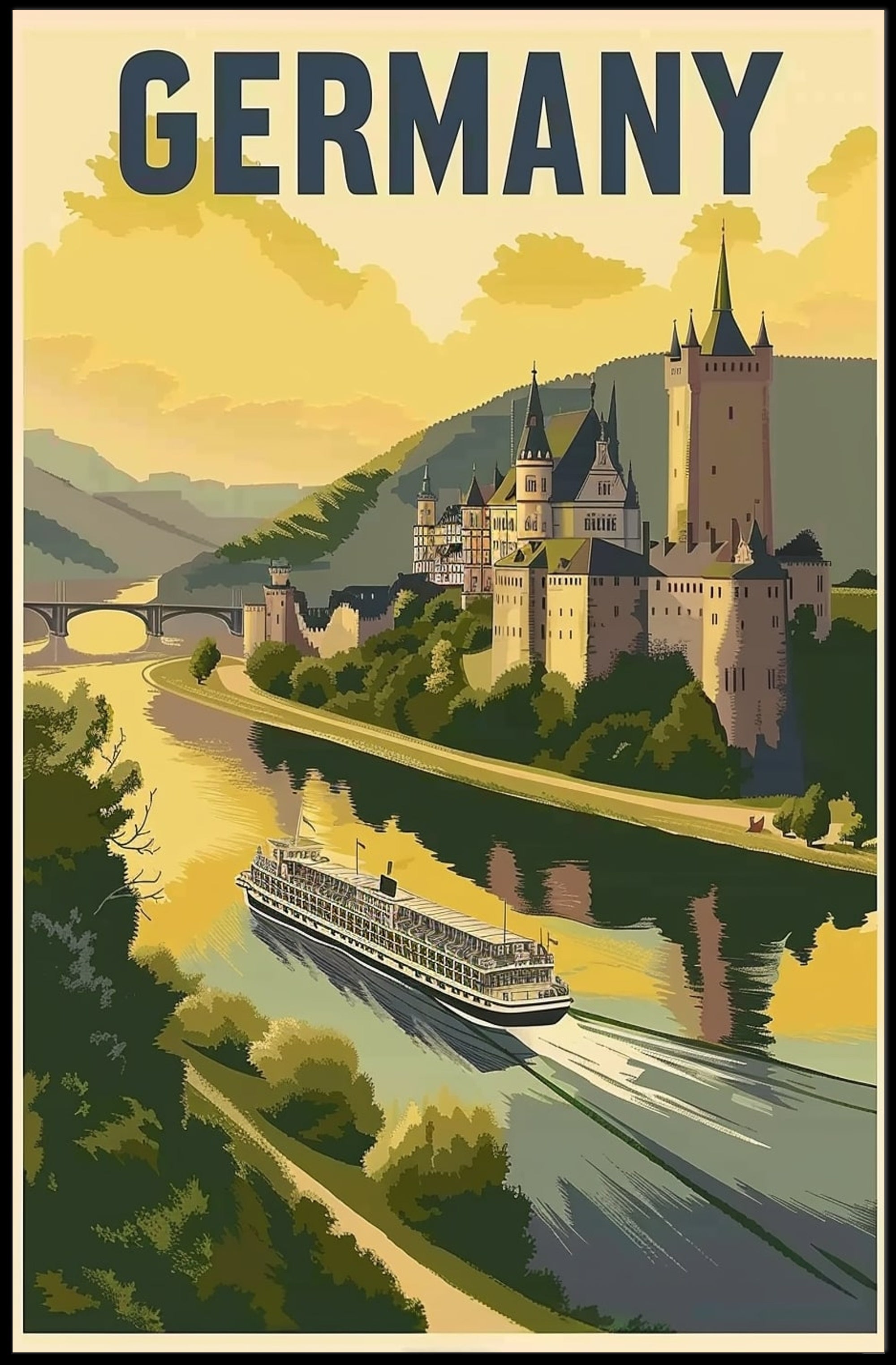 Scenic German Castle River View Vintage Travel Poster PosterGoat