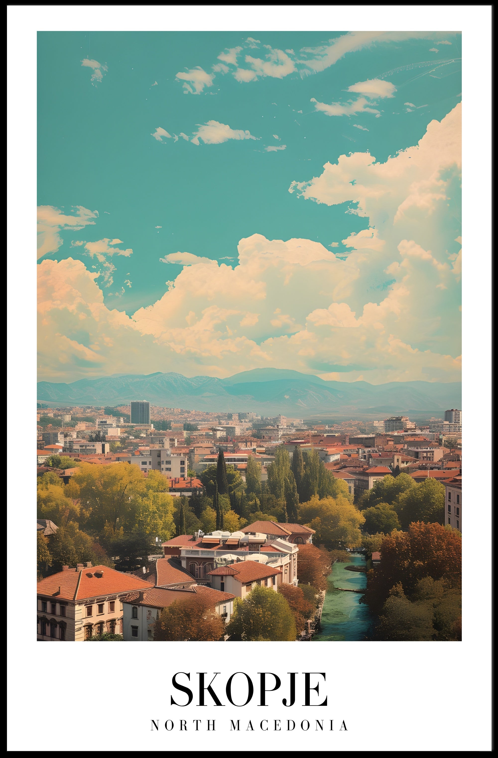 Scenic Skopje Cityscape with River and Mountains Urban Poster PosterGoat