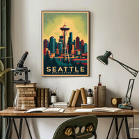 Seattle Skyline with Space Needle in Urban or Cityscape Poster PosterGoat