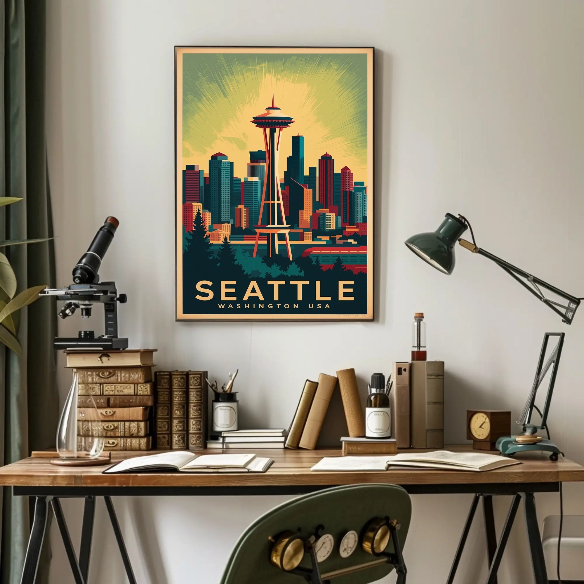 Seattle Skyline with Space Needle in Urban or Cityscape Poster PosterGoat