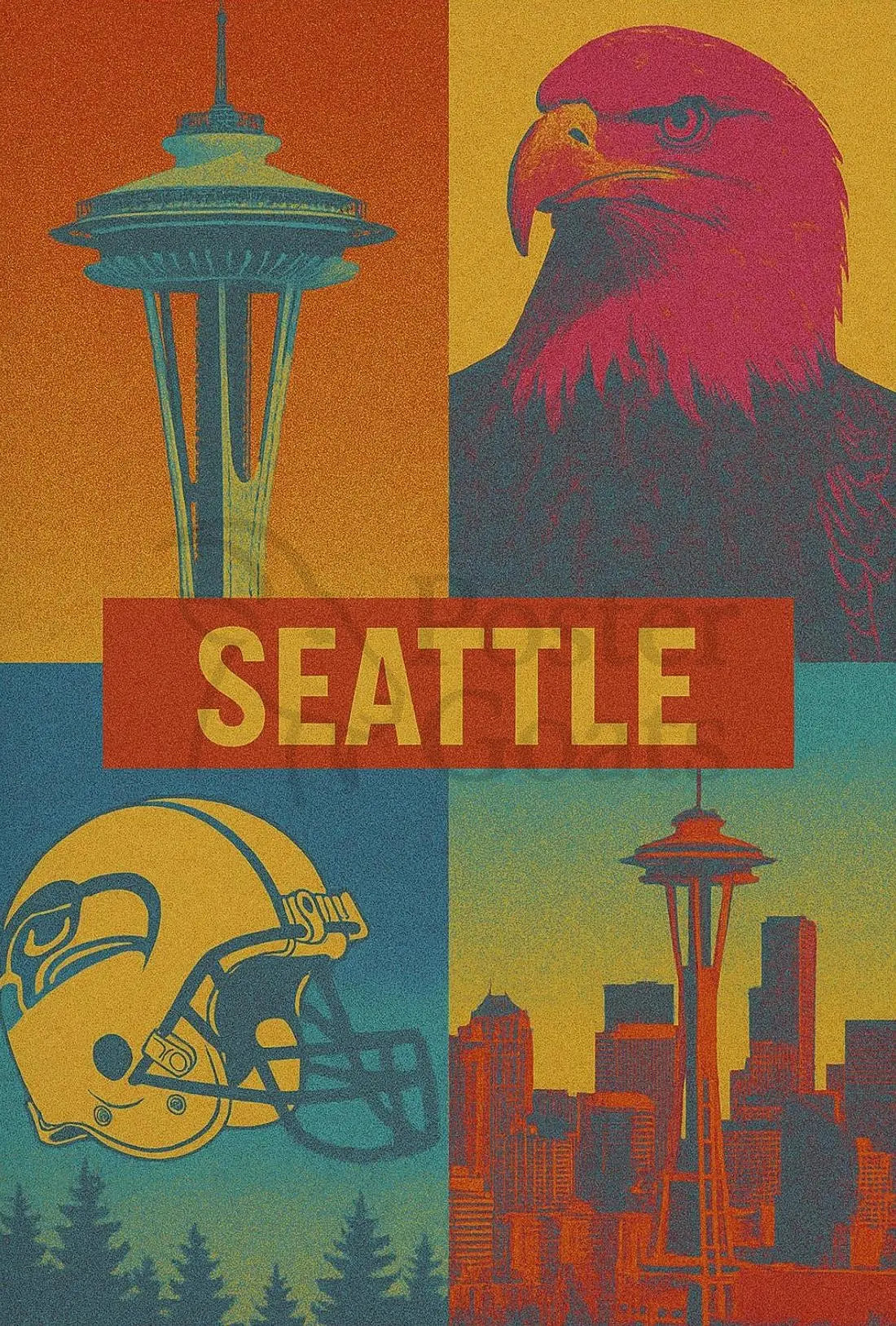 Seattle's Spirit: Iconic Landmarks in Pop Art Poster PosterGoat