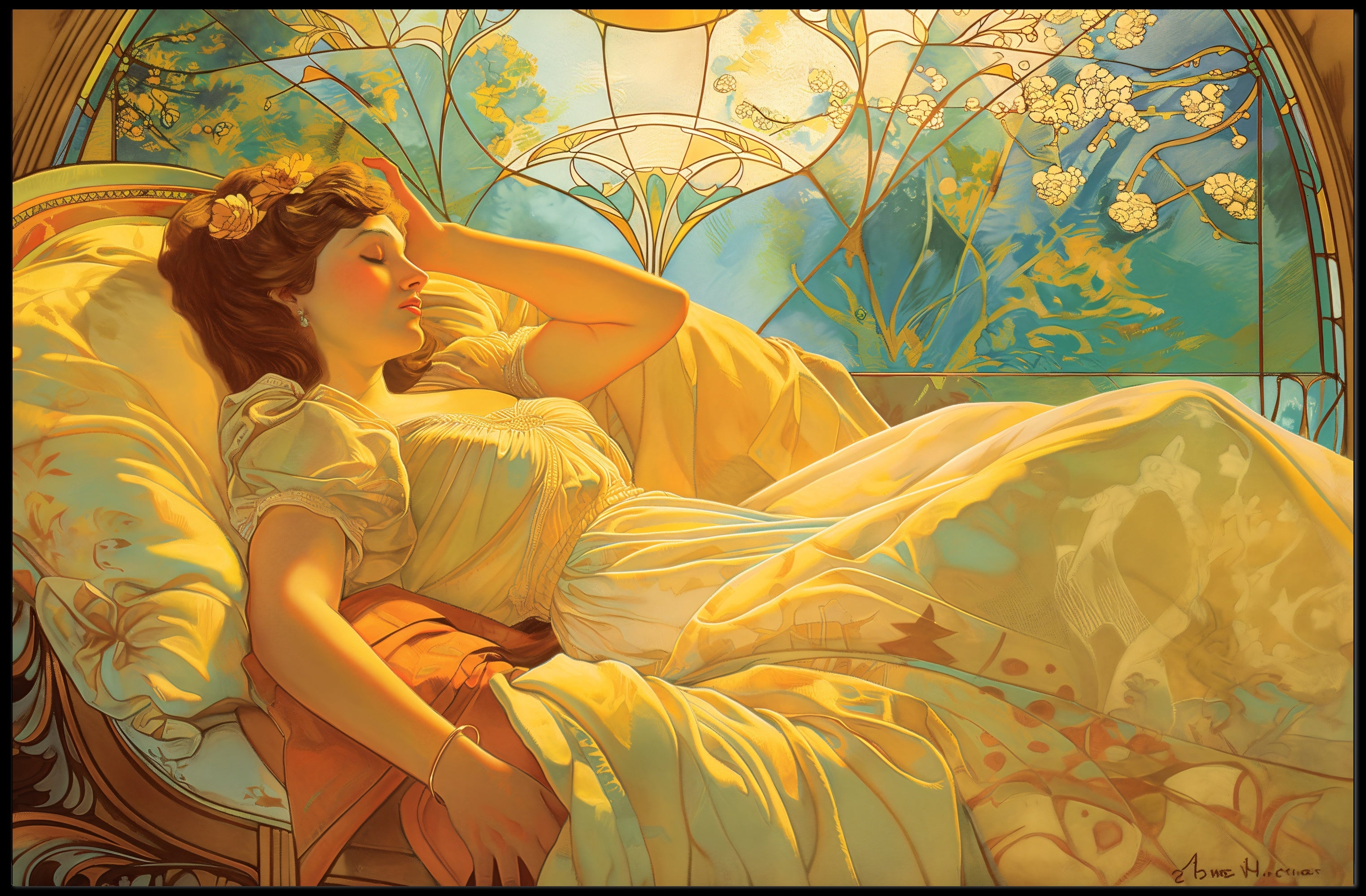 Serene Art Nouveau Woman on Decorative Bed Artistic Poster PosterGoat