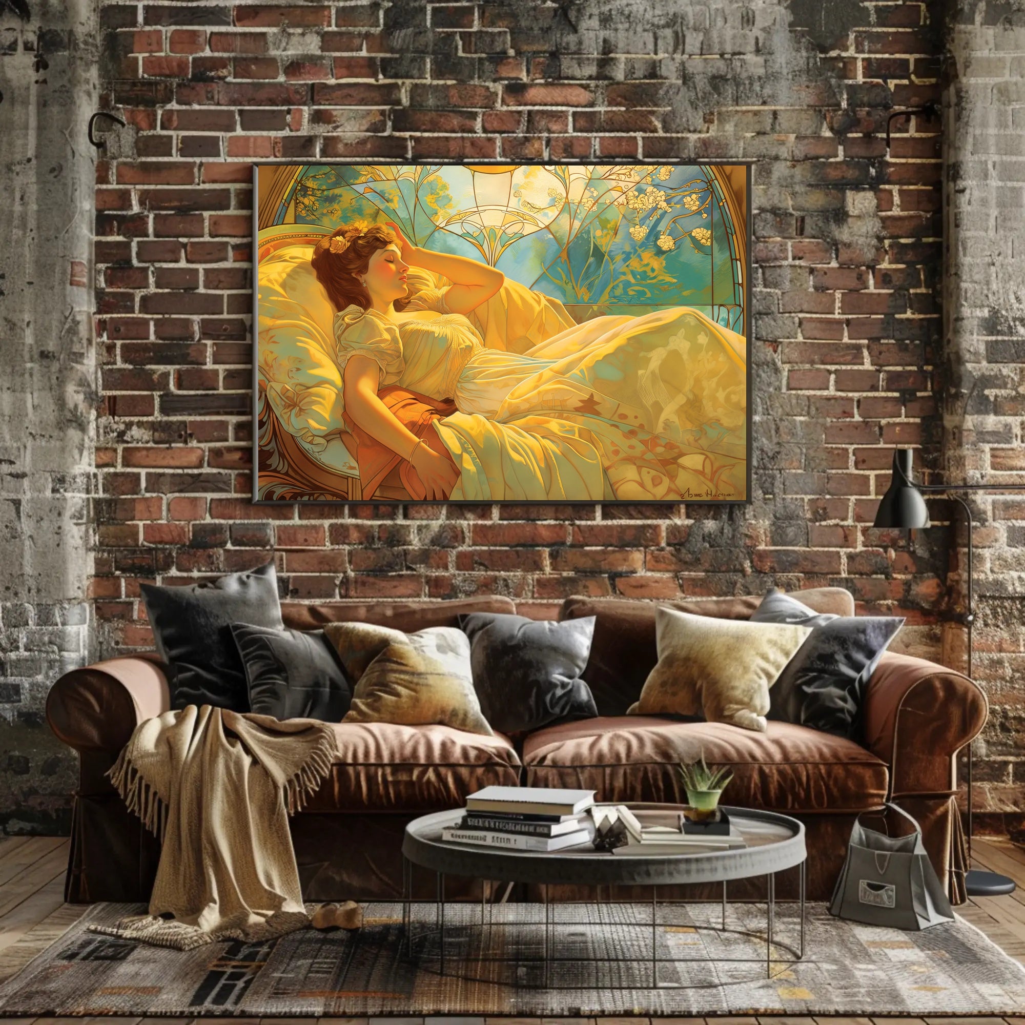 Serene Art Nouveau Woman on Decorative Bed Artistic Poster PosterGoat
