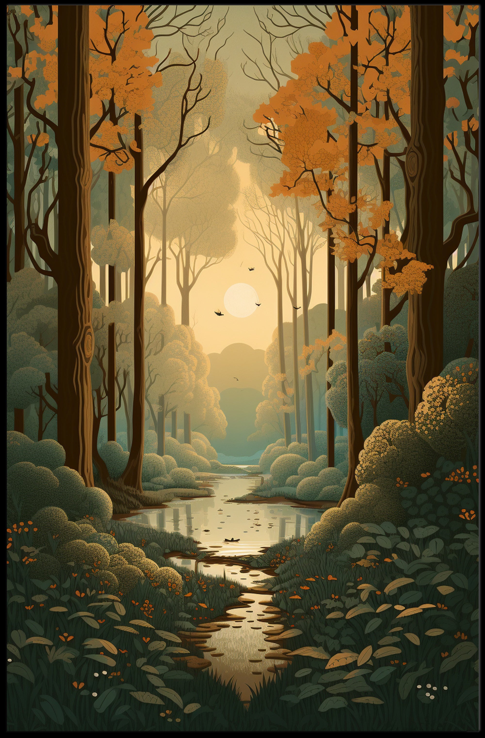 Serene Autumn Forest Scene Captured in Artistic Poster PosterGoat