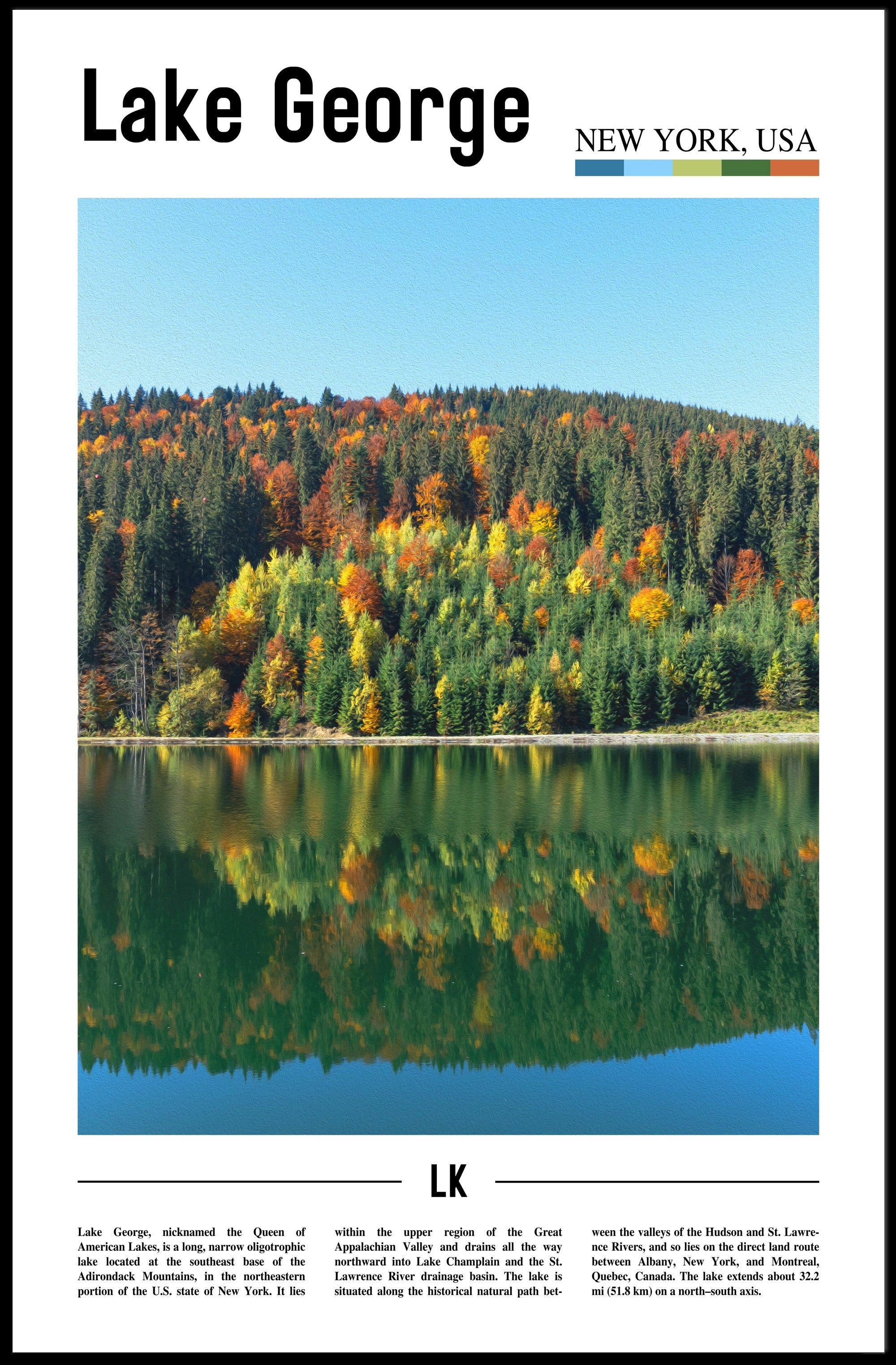 Serene Autumn View at Lake George Travel Poster PosterGoat