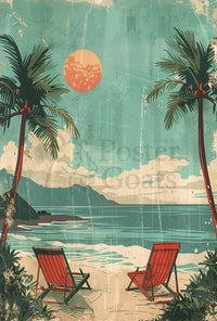 Serene Beach Scene Travel Poster with Red Beach Chairs PosterGoat