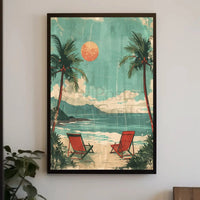 Serene Beach Scene Travel Poster with Red Beach Chairs PosterGoat