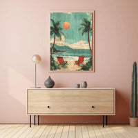 Serene Beach Scene Travel Poster with Red Beach Chairs PosterGoat