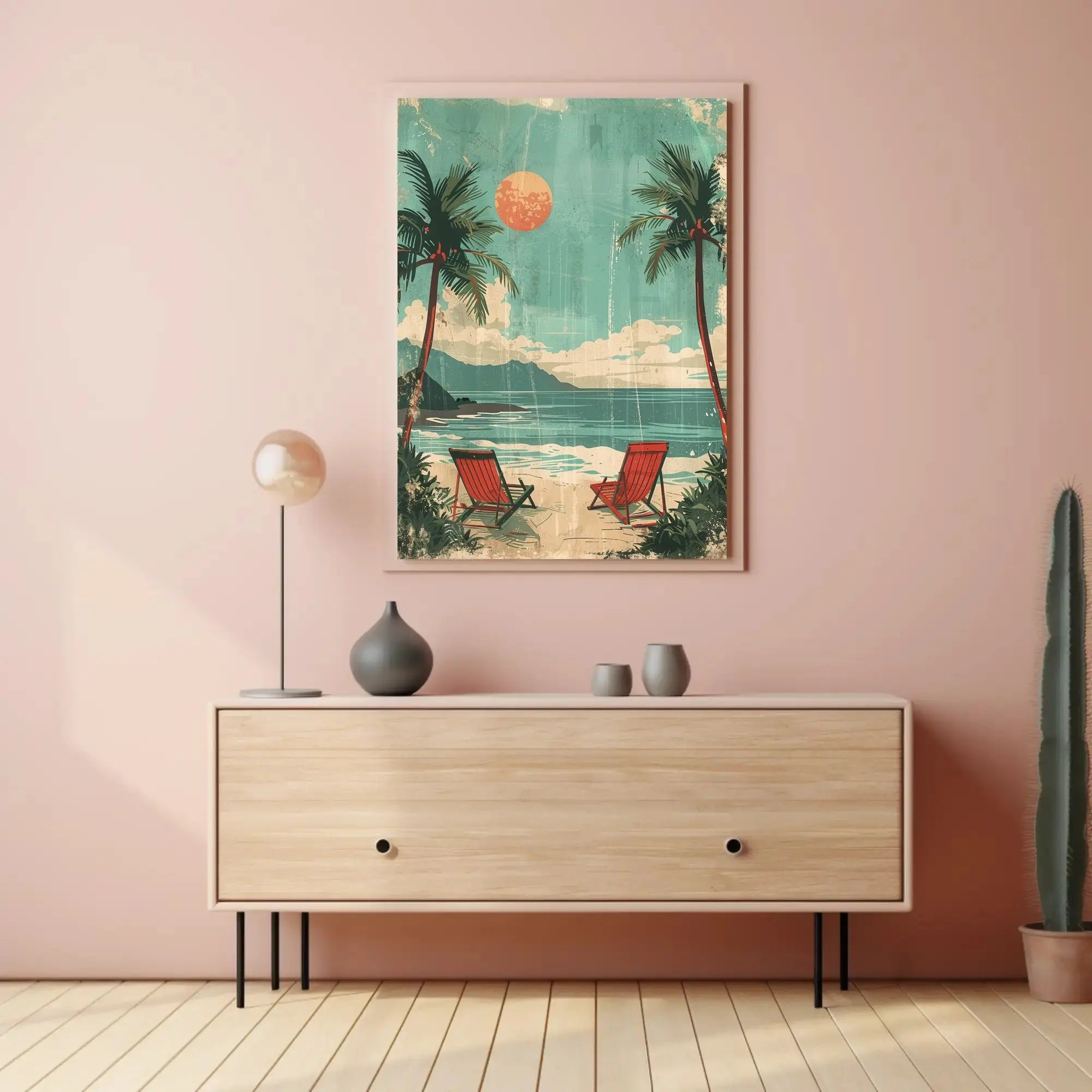 Serene Beach Scene Travel Poster with Red Beach Chairs PosterGoat