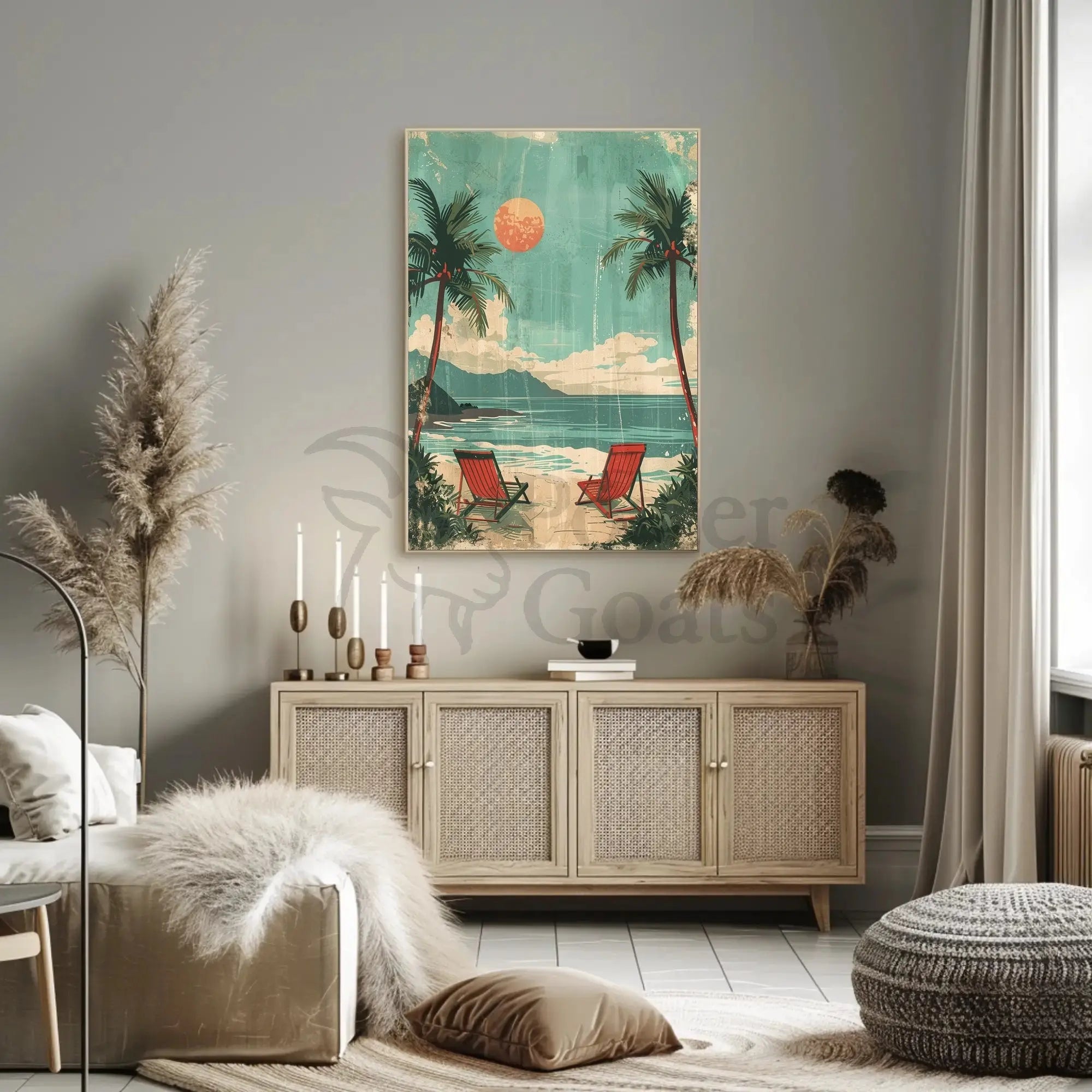 Serene Beach Scene Travel Poster with Red Beach Chairs PosterGoat