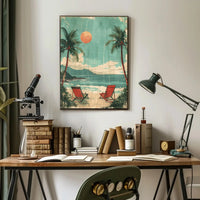 Serene Beach Scene Travel Poster with Red Beach Chairs PosterGoat
