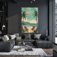 Serene Beach Scene Travel Poster with Red Beach Chairs PosterGoat