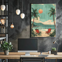 Serene Beach Scene Travel Poster with Red Beach Chairs PosterGoat