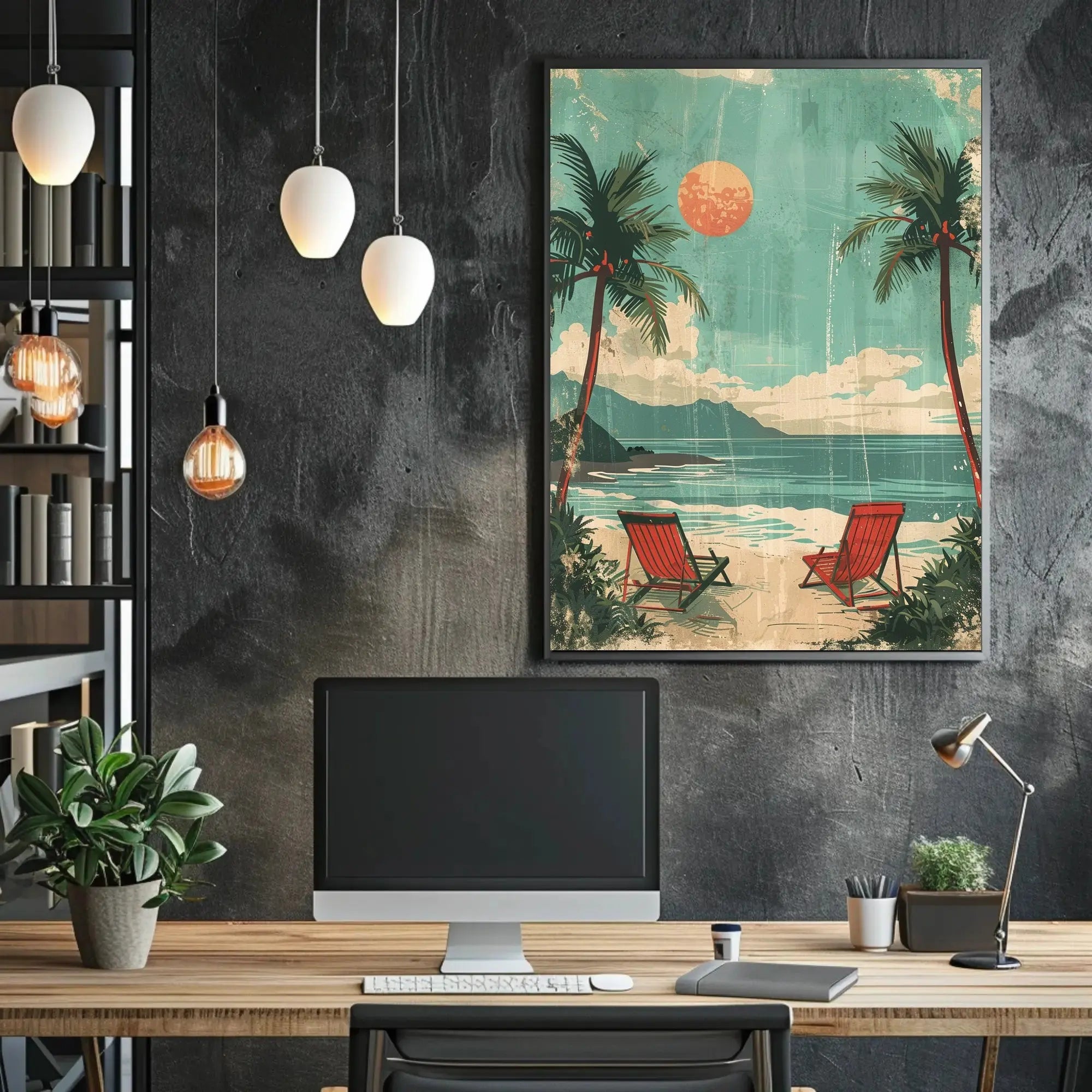 Serene Beach Scene Travel Poster with Red Beach Chairs PosterGoat