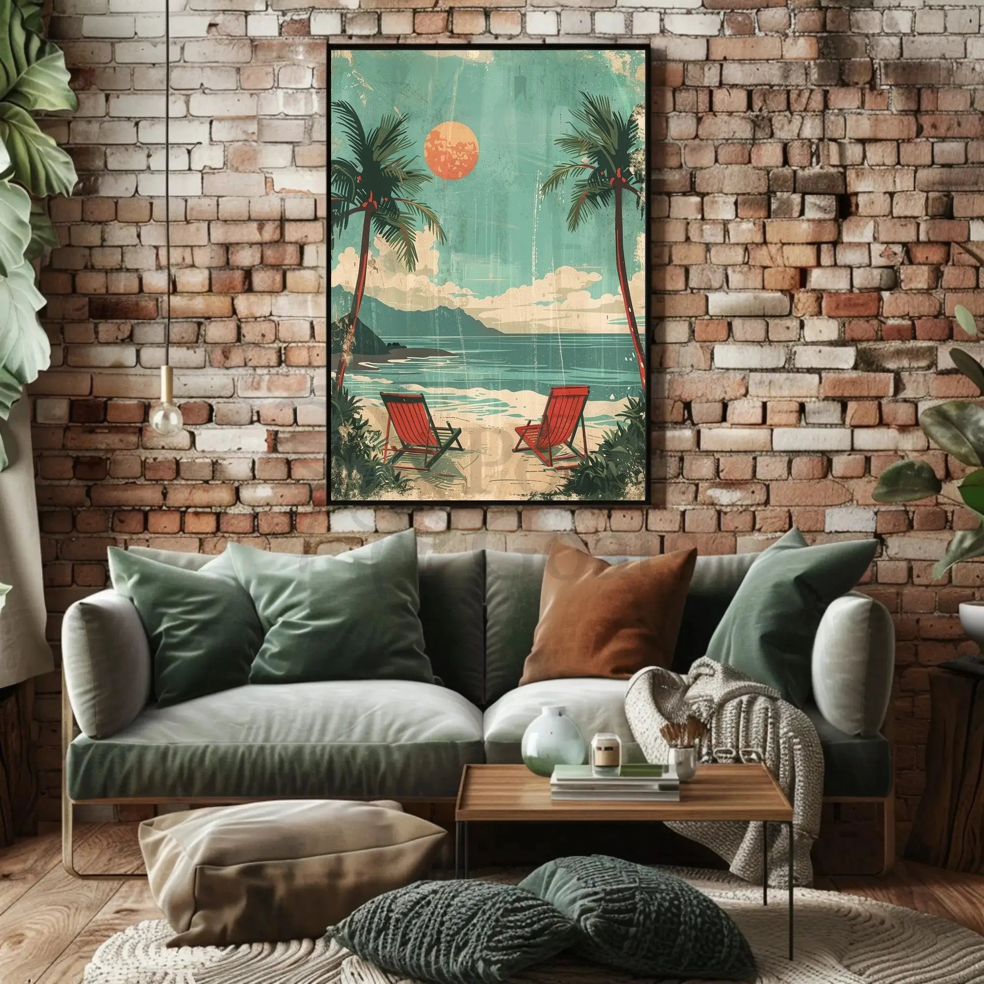 Serene Beach Scene Travel Poster with Red Beach Chairs PosterGoat