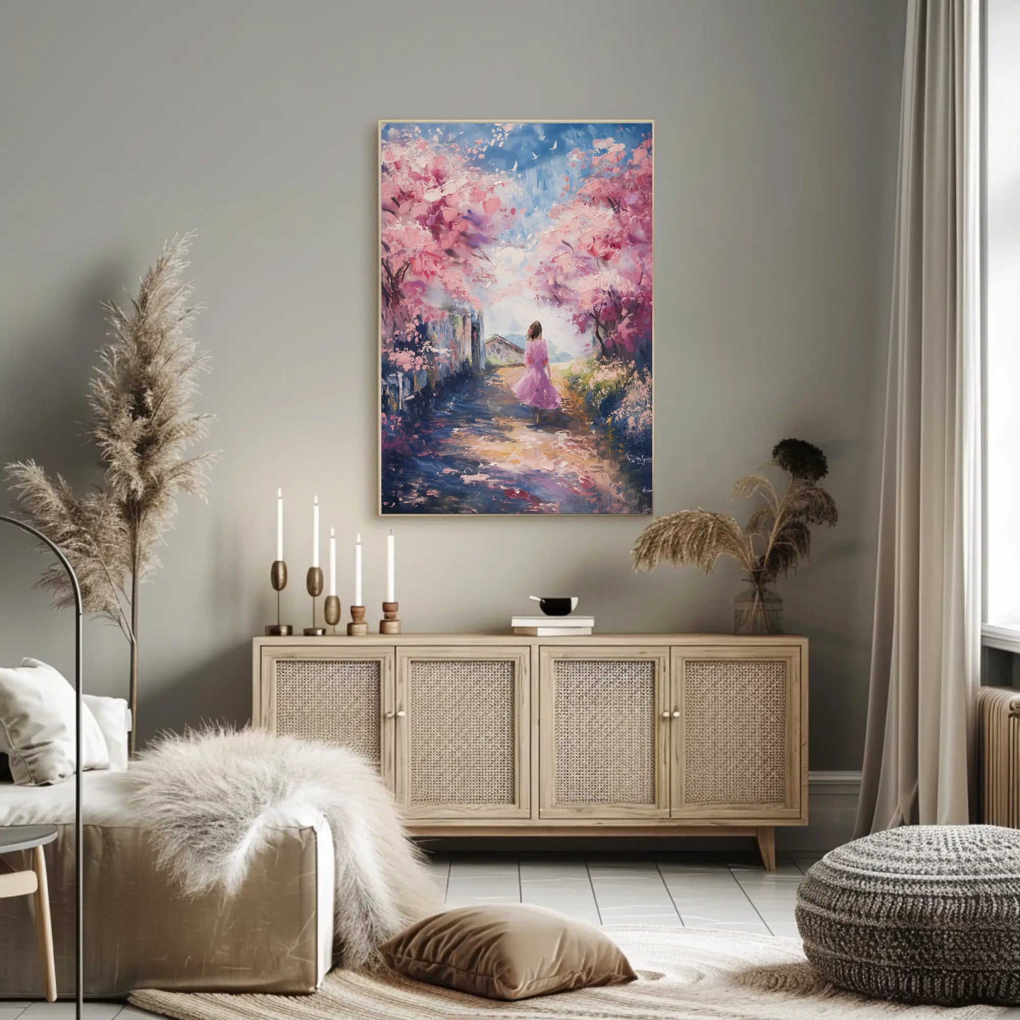 Serene Cherry Blossom Pathway Impressionistic Artistic Poster PosterGoat