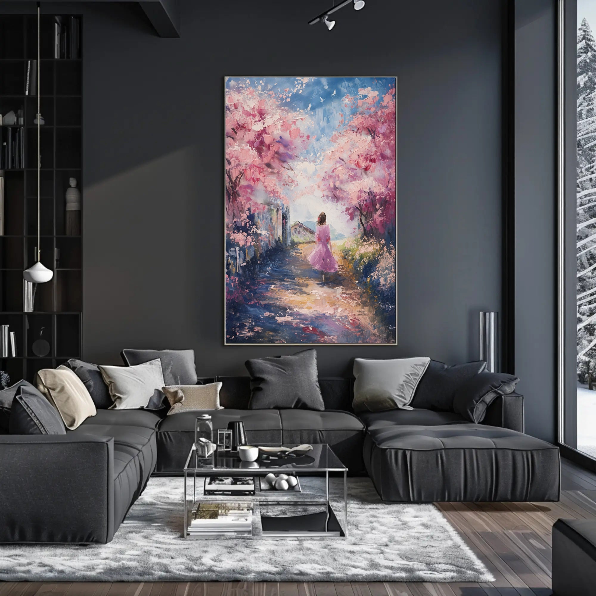 Serene Cherry Blossom Pathway Impressionistic Artistic Poster PosterGoat