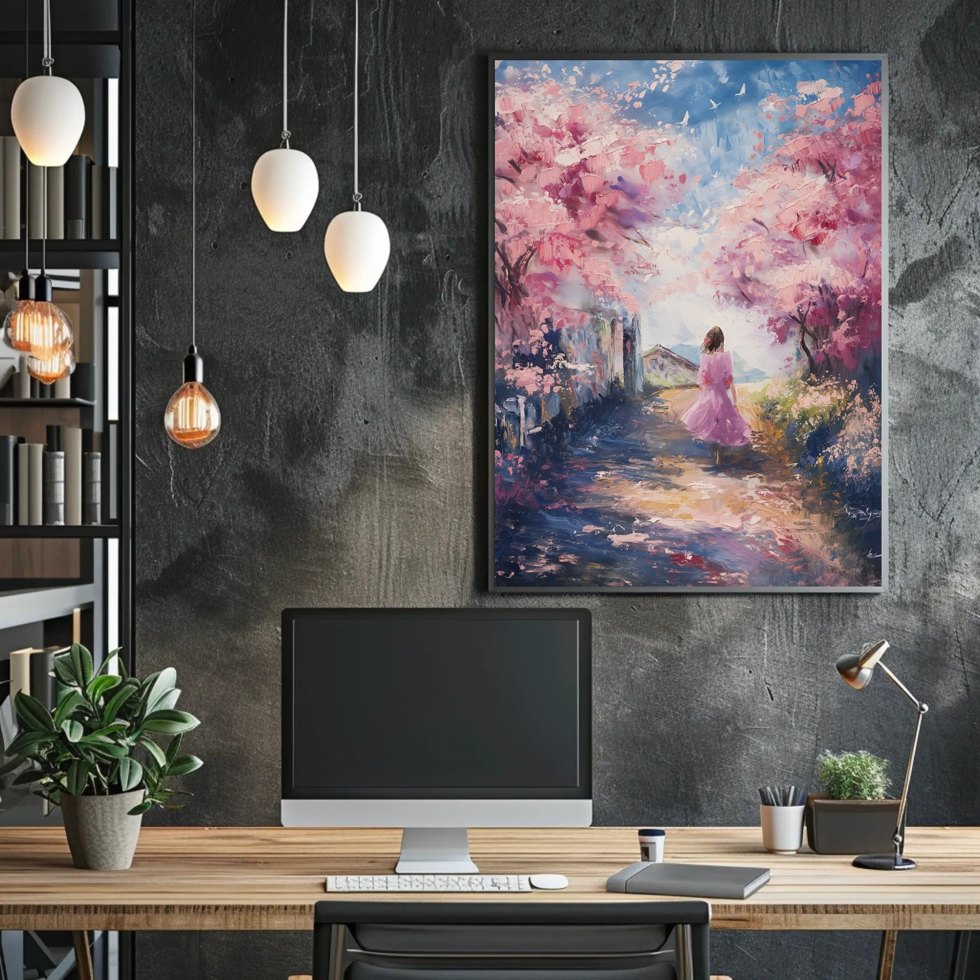 Serene Cherry Blossom Pathway Impressionistic Artistic Poster PosterGoat