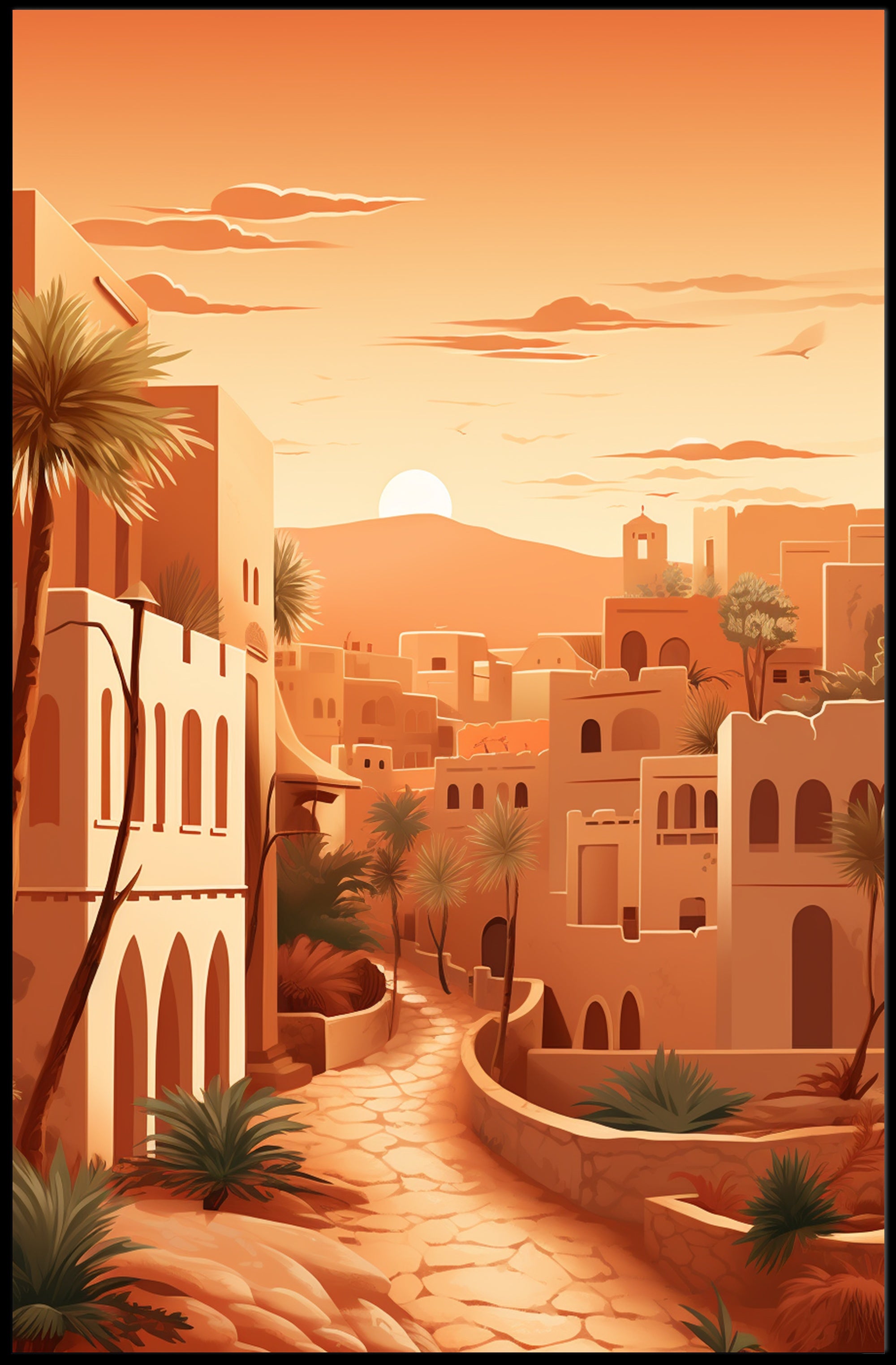 Serene Desert Sunset Townscape Cultural Heritage Poster PosterGoat